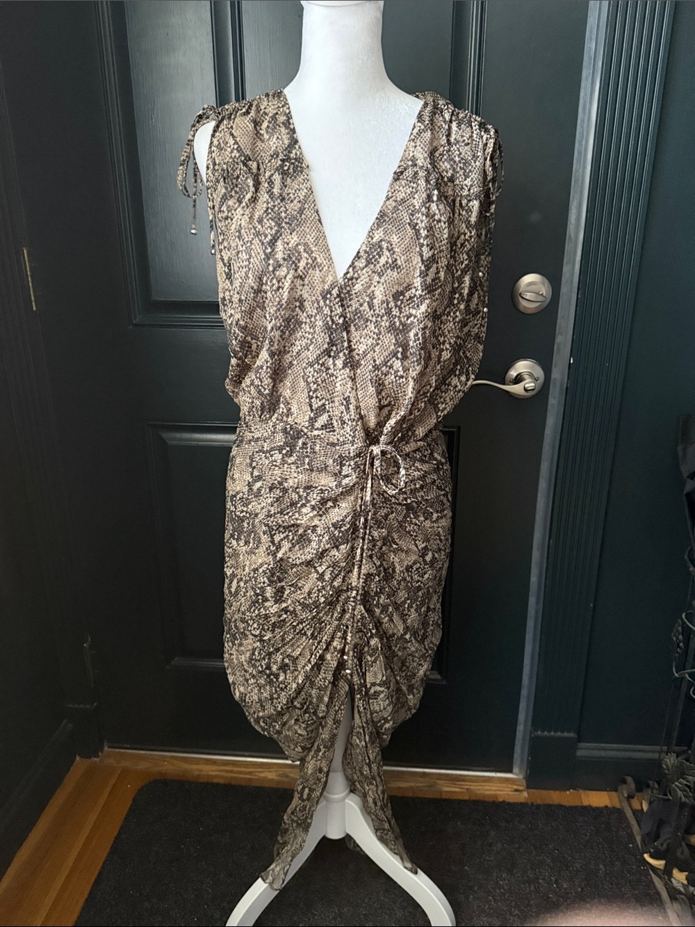 Veronica Beard One-Shoulder Snake-Print Dress in Brown and Cream